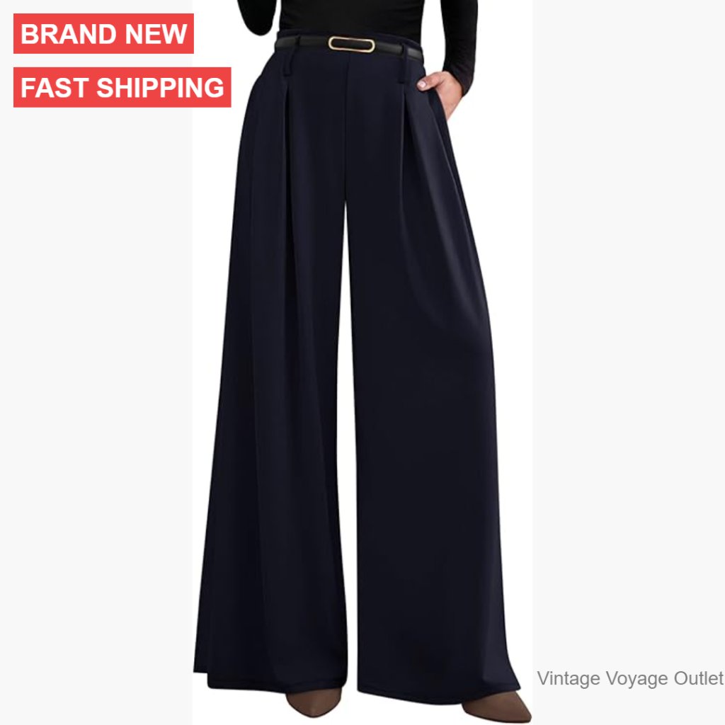 Wide Leg Palazzo Pants High Waist Elastic Pleated Work Trousers